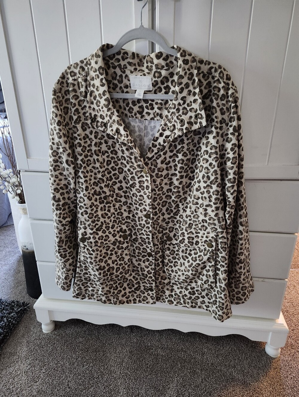 Linen Leopard Print Women’s Jacket - With Pockets & Button Snap  Beige Sz XL